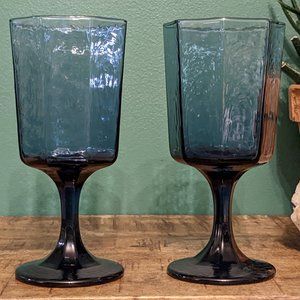 Vintage Cobalt Blue Octagonal Textured Goblets - Set of Two, Libbey Glass